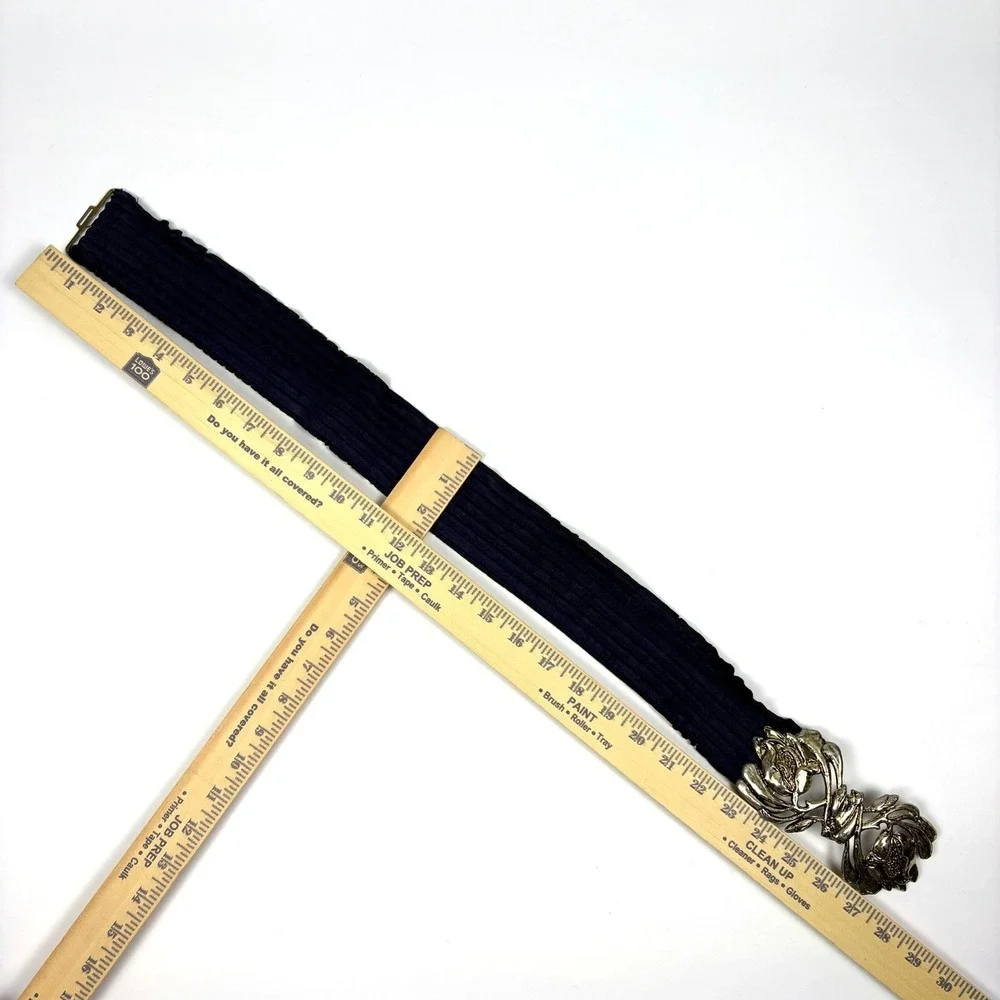VTG 80s Waist Cincher Floral Buckle Belt Gold Hardware Navy Elastic Band‎ Boho